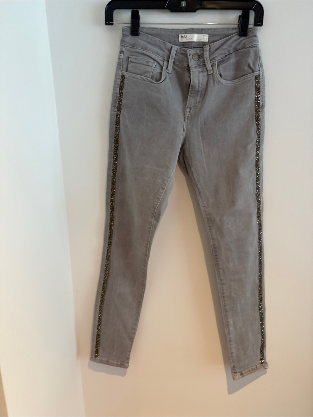 Zara Light Gray Skinny Jeans with Side Sequin Trim